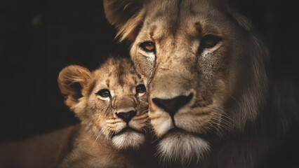 Fototapeta premium Close-up macro photo of a lion snuggling with a cub; clear and sharp focus, dark, moody and mysterious, black background