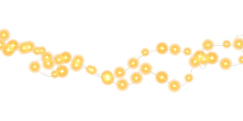 Festive Christmas light gold garlands. Set of golden Christmas glowing garlands. Decor element for postcards, invitations, backgrounds, business cards. Winter new collection 2024. PNG.