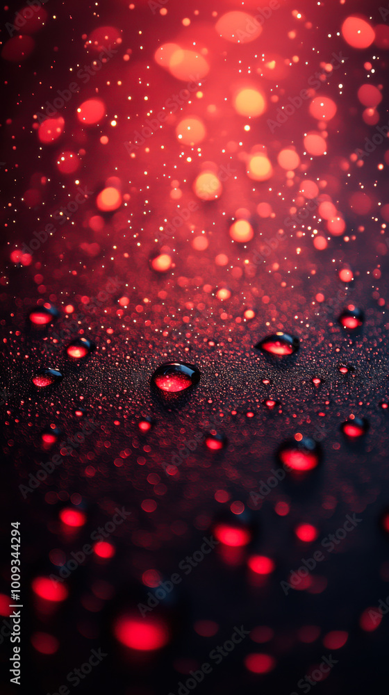 Poster close-up of glistening red droplets on a dark surface, captured in a softly lit setting highlighting