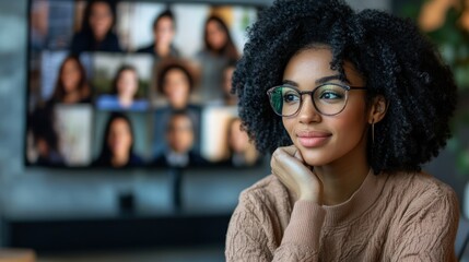Woman in a remote work meeting with diverse colleagues on a screen.