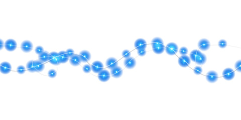 Festive Christmas light blue garlands. Set of blue Christmas glowing garlands. Decor element for postcards, invitations, backgrounds, business cards. Winter new collection 2024. PNG.