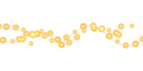 Festive Christmas light gold garlands. Set of golden Christmas glowing garlands. Decor element for postcards, invitations, backgrounds, business cards. Winter new collection 2024. PNG.