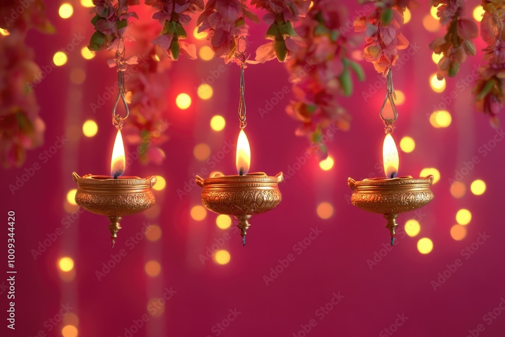 Poster three lit candles hung from a branch of a tree, creating warm and cozy ambiance