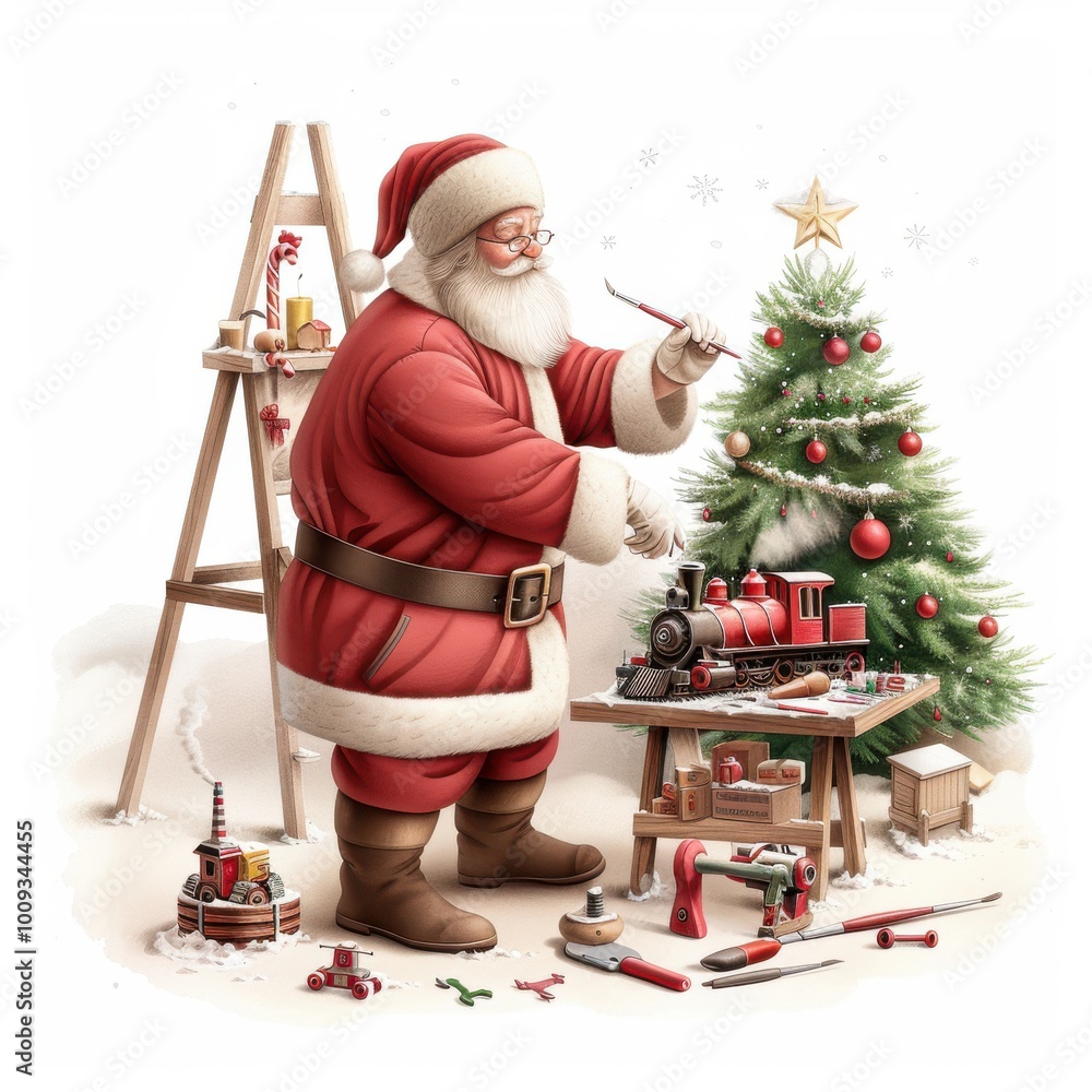 Wall mural Santa Claus Painting Toys Near Christmas Tree