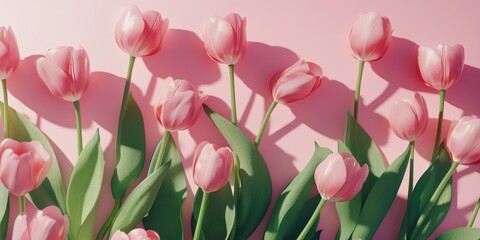 Obraz premium A bouquet of pink tulips placed on a pink wall, great for decoration and design