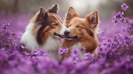 Naklejka premium Two dogs, a brown and white and a ginger one, are nose to nose in a field of purple flowers. They are both smiling and appear to be in love.