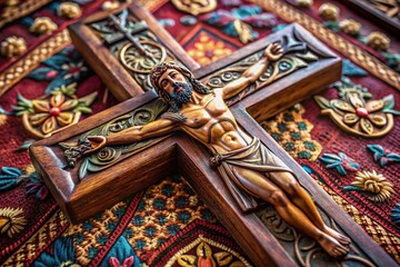 Obraz premium Intricate Wooden Crucifix with Detailed Carvings and a Rich, Dark Finish on a Soft Fabric Background