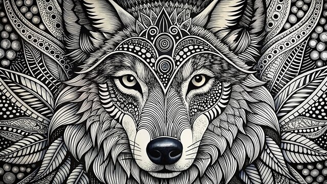 Intricate Wolf Zentangle Art Design Featuring Whimsical Patterns and Captivating Details in Black and White