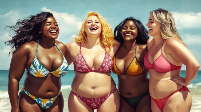Young diverse chubby women in swim suits laughing on beach, multiracial plus size girls of different skin colors and bodies, african caucaisian and hispanic big female friends smiling summer portrait