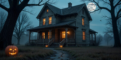 An old, hunted house. Halloween night scene with castle