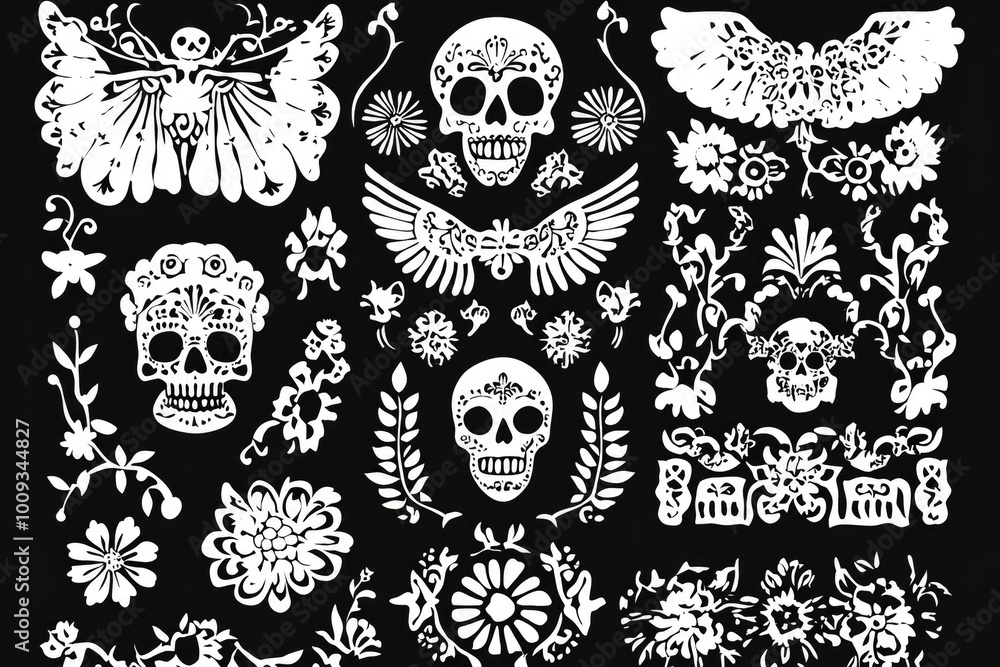 Poster a collection of intricate paper cut designs on a dark, solid background