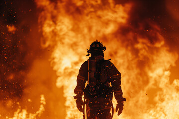 Naklejka premium Firefighter in full gear standing amidst the flames.