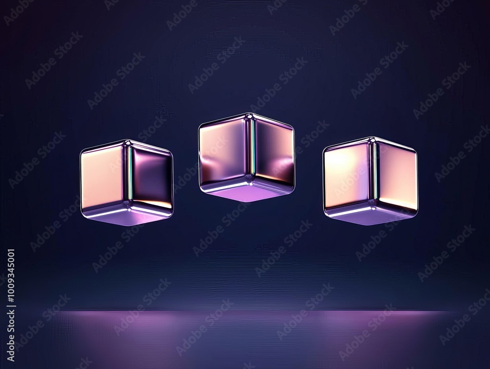 Poster floating metallic cubes in zero gravity with glowing scifi neon grids background