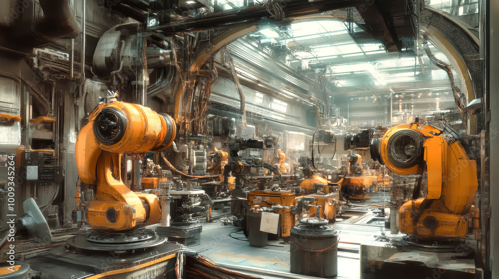 Poster in a modern, vibrant factory, robots work in harmony to create intricate products, showcasing advanc