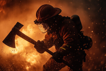 Firefighter with an axe in action.