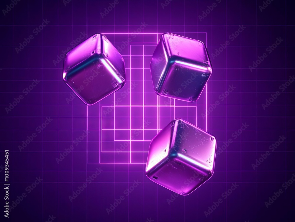 Poster floating metallic cubes in zero gravity with scifi neon grids illuminating the background