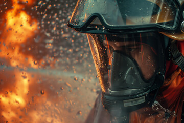 Fototapeta premium Firefighter with a face mask and helmet.