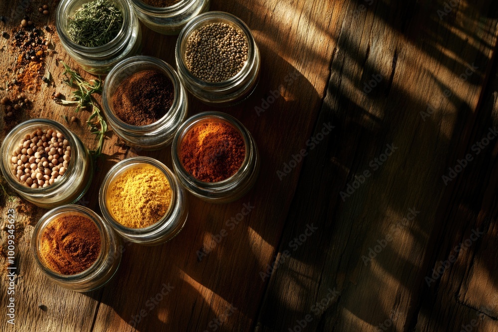 Poster jars filled with various spices on a wooden table