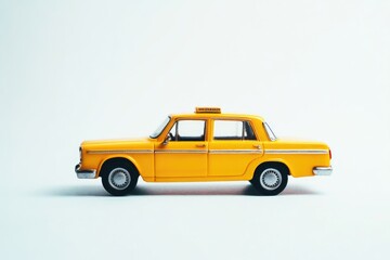 A small yellow toy car sits on a clean white surface, perfect for illustration or design projects