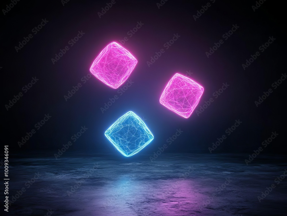 Poster floating neon polygons in dark space abstract futuristic 3d environment design