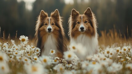 Two Sheltie dogs sit in a field of white daisies.