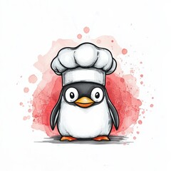 Fototapeta premium A cute penguin chef with a large white chef hat against a colorful splash background.
