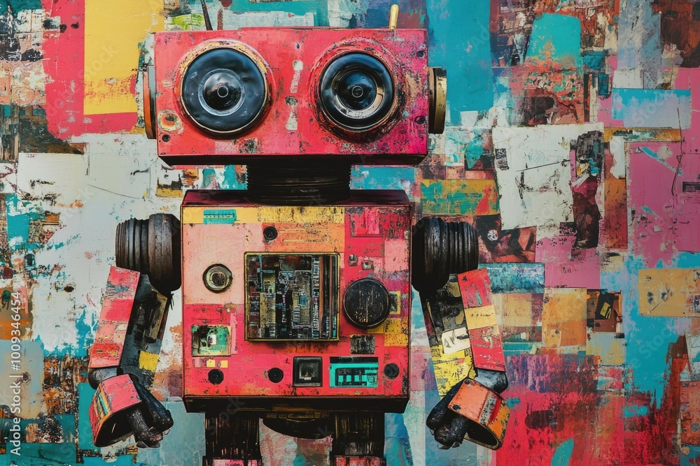 Poster a red robot stands in front of a vibrant and colorful wall, perfect for illustrations or designs