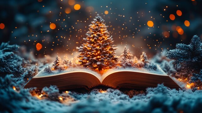 An open book reveals a magical winter scene with miniature, illuminated Christmas trees nestled within its pages, casting a warm and enchanting glow.