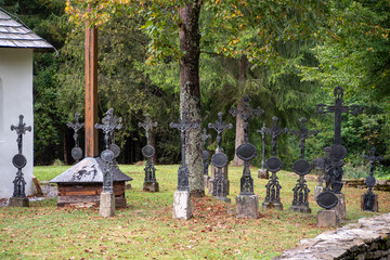 Naklejka premium The cemetery with metal crosses in the open-air museum in Nova Bystrica represents cemeteries in Kysucie at the beginning of the 20th century.