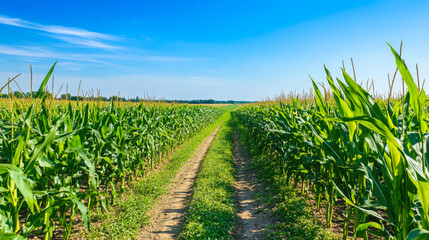 Fototapeta premium A sunlit cornfield pathway highlights the lush greenery and summer atmosphere during the golden hour at sunset