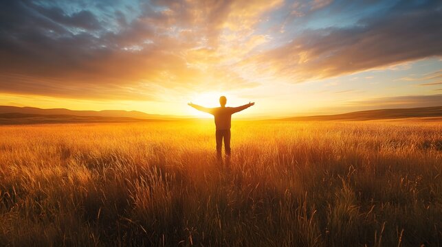 Person standing in an open field at sunrise, ready to embrace new possibilities