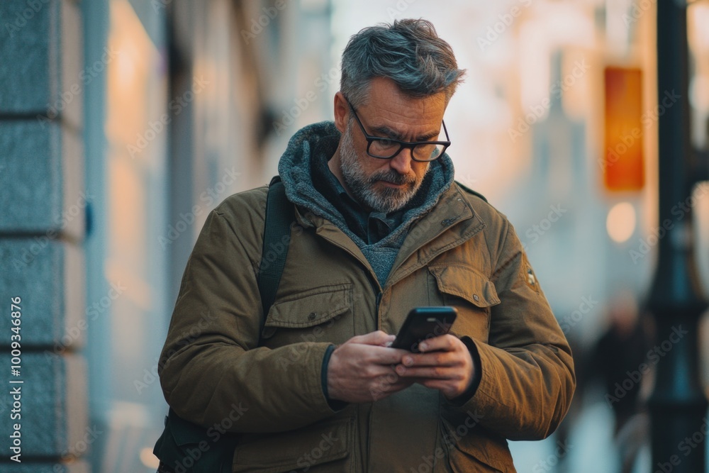 Poster a person gazing at their mobile device, likely checking notifications or texts