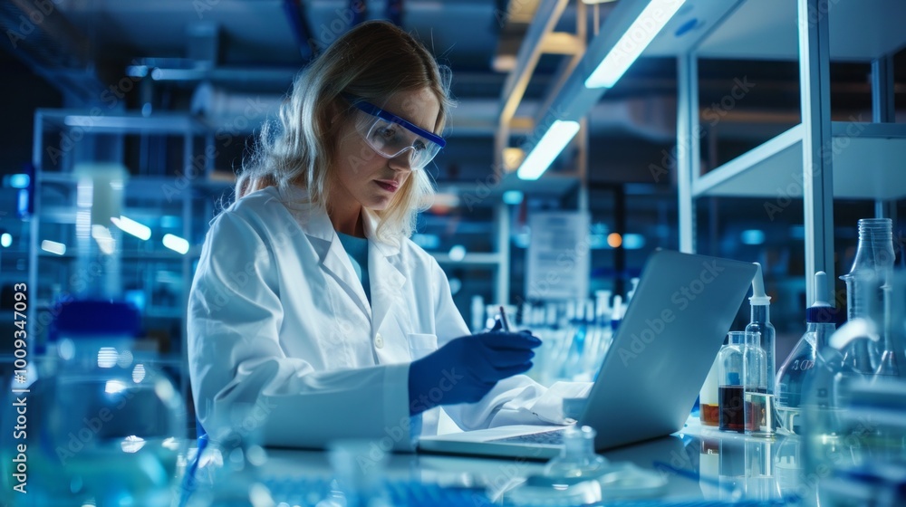 Poster a woman in a lab coat is working on a laptop computer