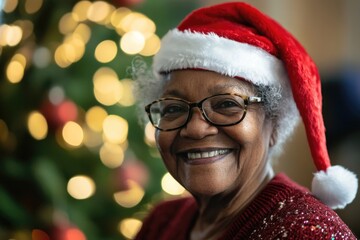 A woman wears a Santa hat and glasses, perfect for holiday season or winter-themed projects