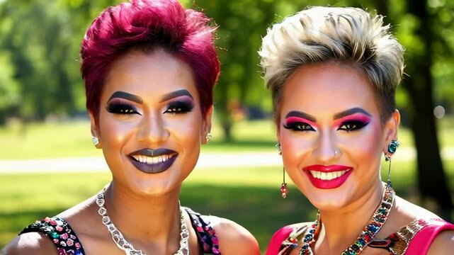 Two LGBTQ friends with bold makeup enjoying time outdoors