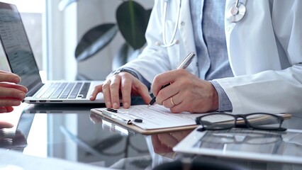 Doctor man is writing something while consulting patient on the glass desk and a clipboard in medical office. Medicine concept