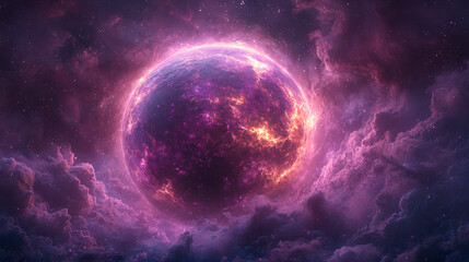 Obraz premium A surreal purple planet with fiery nebulae, glowing with a molten core, set in a distant galaxy