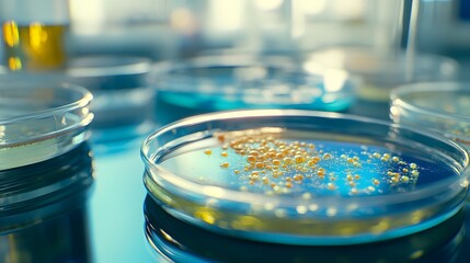 Closeup of petri dishes with bioengineered organisms in a biotechnology research lab