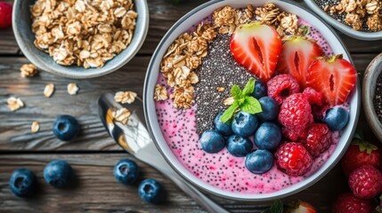 A colorful smoothie bowl topped with fruits, granola, and seeds, showcasing a healthy meal.
