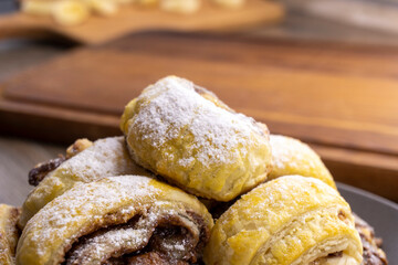 Banana Nutella Puff Pastry swirls. Dessert. food concept