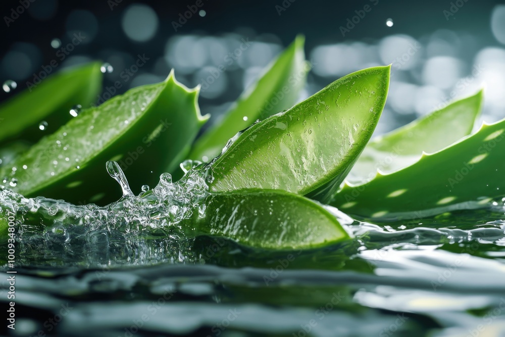 Poster A close-up view of a group of leaves floating on the surface of the water, with some submerged and others visible above the surface