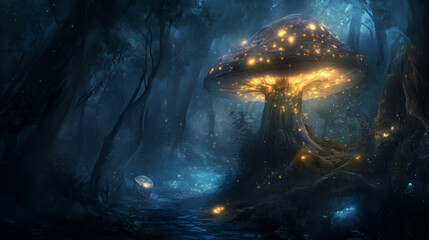 Fototapeta premium A bioluminescent mushroom glowing faintly in a dark. 