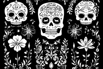 Fototapeta premium A collection of sugar skulls decorated with flowers on a black background