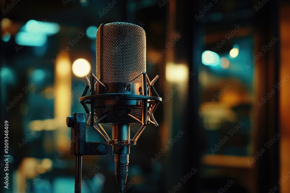 Poster a close-up shot of a microphone with a blurred background