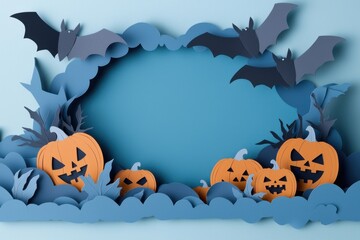 Fototapeta premium Halloween themed cut-out design with pumpkins and bats.