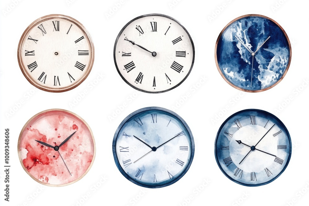 Poster four clocks with roman numerals on a background