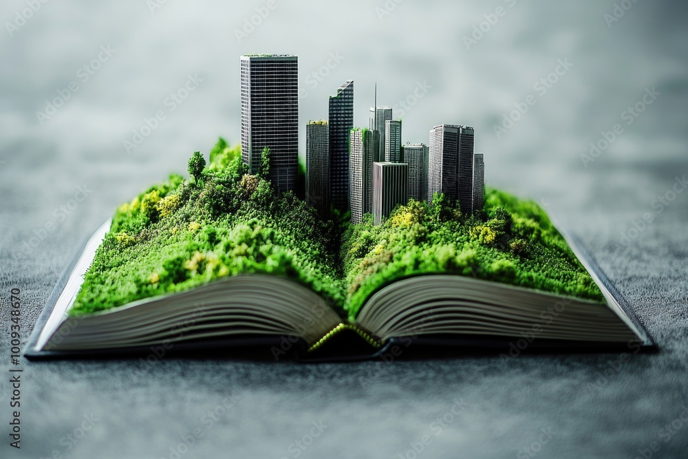 Poster A miniature city is situated on top of an open book, creating a unique and imaginative scene