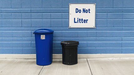 A blue and black trash bin next to a wall with a "Do Not Litter" sign.