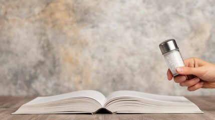 Hand holding a salt shaker above an open book on a rustic table, with a blurred background.