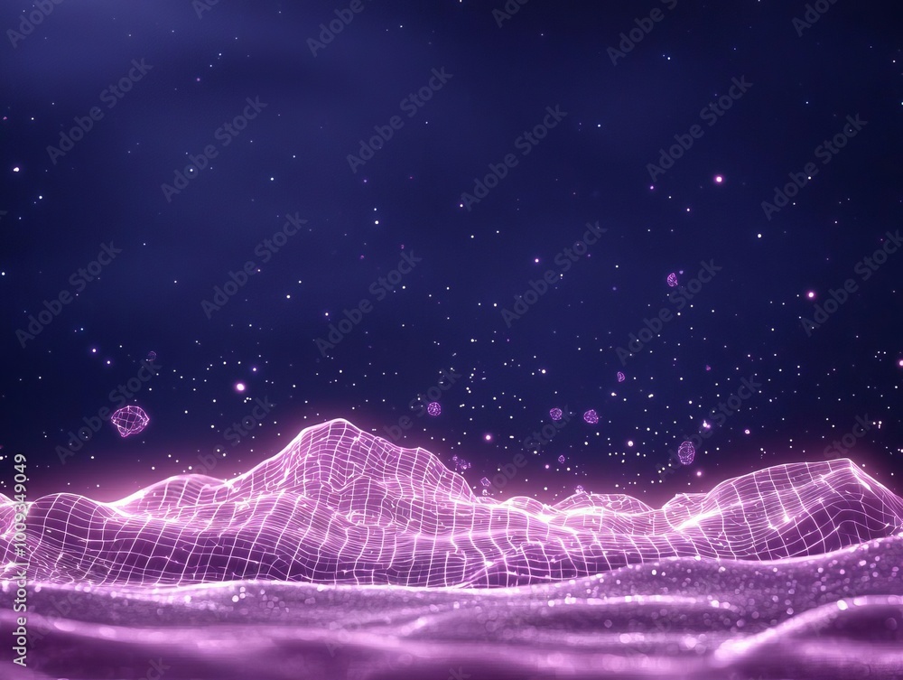 Aufkleber futuristic abstract digital landscape with neon grid and floating particles in scifi design